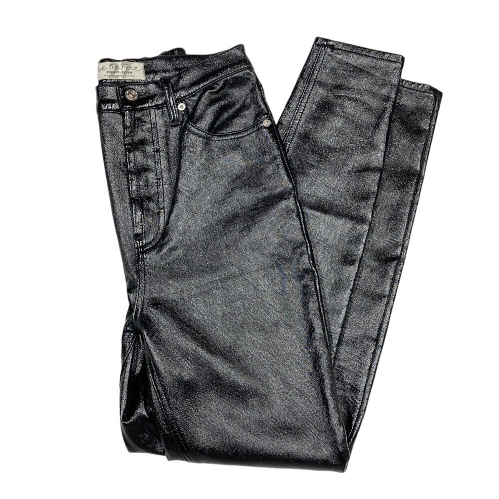We the Free People Shiny Black Jeans, Size 27, Coated Faux Leather, Skinny - Picture 4 of 14